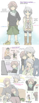 2girls 3boys arm_around_shoulder arms_behind_head blonde_hair blue_eyes carrying closed_eyes controller family final_fantasy final_fantasy_xiii gradient_background green_eyes green_scarf hand_on_another's_head heart highres holding holding_knife holding_toy hope_estheim if_they_mated joystick kitchen_knife knife lightning_farron medium_hair multiple_boys multiple_girls piggyback pink_hair scarf semokan short_hair sleeping snow_villiers star_(symbol) star_symbol_background toy