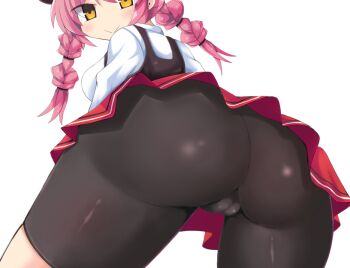 1girl :> ass ass_focus bike_shorts black_shorts blush braid breasts cameltoe choice_(xtmm5285) collared_shirt cowboy_shot from_behind game_cg henao_(lattice_sos!) lattice_sos!_~happening&amp;panic~ long_hair long_sleeves looking_back low_twin_braids medium_breasts non-web_source pink_hair pleated_skirt red_skirt shirt shorts shorts_under_skirt sidelocks simple_background skirt smile solo standing transparent_background twin_braids underbust variant_set white_shirt yellow_eyes