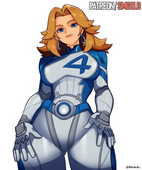 Rule 34 | 1girl, absurdres, blonde hair, blue bodysuit, blue eyes, bodysuit, breasts, earrings, fantastic four, highres, jewelry, long hair, looking at viewer, marvel, marvel rivals, multicolored bodysuit, simple background, smgold, smile, sue storm, superhero costume, two-tone bodysuit, white bodysuit