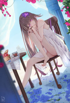1girl absurdres alternate_costume barefoot brown_hair chair closed_mouth commentary dress flower hair_flower hair_ornament herta_(honkai:_star_rail) highres honkai:_star_rail honkai_(series) knee_up long_hair looking_at_viewer on_chair purple_eyes purple_flower purple_hair sazanami_(re_n_rentaro) signature sitting smile solo the_herta_(honkai:_star_rail) very_long_hair white_dress