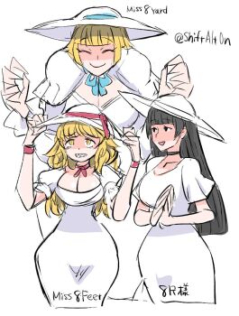 2024 3girls adjusting_clothes adjusting_headwear artist_name black_hair black_lips blonde_hair blunt_bangs breasts capelet caplet character_name choker cleavage closed_eyes commentary curly_hair dress female_focus frilled_sleeves frills happy hasshaku-sama hat height_difference japanese_text juliet_sleeves large_breasts large_hands long_eyelashes long_sleeves looking_at_another miss_eight_yard_(tonda) multiple_girls open_mouth original own_hands_together puffy_sleeves sharp_teeth simple_background slit_pupils straight_hair strap sun_hat tall_female teeth tonda white_background white_dress white_hat yellow_eyes