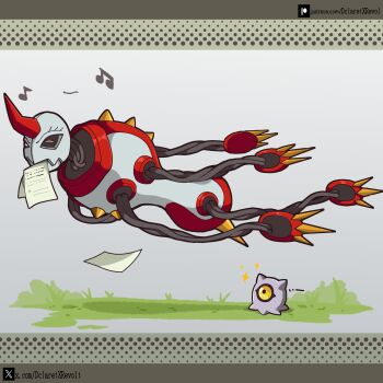 Rule 34 | claws, closed eyes, commentary, dclaret, digimon, digimon (creature), english commentary, full body, grass, highres, horns, infermon, kuramon, letterboxed, musical note, no humans, paper, simple background, single horn, sparkle