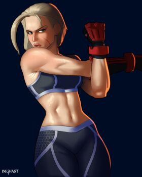 1girl absurdres armpit_crease artist_name beghastart black_pants black_sports_bra blonde_hair blue_eyes cammy_white commentary cowboy_shot deltoids facial_scar fingerless_gloves forehead gloves highres linea_alba mma_gloves navel pants parted_lips red_gloves scar scar_on_cheek scar_on_face short_hair solo sports_bra street_fighter street_fighter_6 stretching toned toned_female v-shaped_eyebrows
