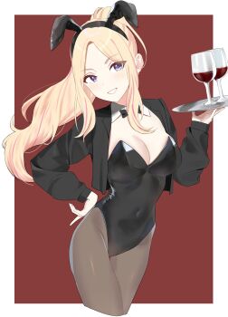 1girl absurdres alcohol animal_ears black_jacket black_leotard black_thighhighs blonde_hair breasts cleavage covered_navel cup detached_collar drinking_glass etsutsuni forehead gakuen_idolmaster hand_on_own_hip highres holding holding_tray idolmaster jacket juo_sena large_breasts leotard long_hair long_sleeves looking_at_viewer multicolored_hair navel open_mouth pink_hair playboy_bunny purple_eyes rabbit_ears red_background red_wine simple_background smile thighhighs thighs tray two-tone_hair wine wine_glass