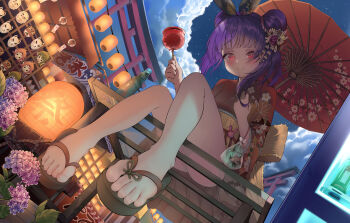 1girl absurdres ass blush candy_apple character_mask cloud female_focus fire_emblem fire_emblem:_the_sacred_stones fire_emblem_heroes fish floral_print food full_body goldfish gorudazo highres japanese_clothes kimono lantern light_smile loli looking_at_viewer mask myrrh_(fire_emblem) night nintendo no_panties obi oil-paper_umbrella outdoors purple_hair pussy red_eyes red_kimono sandals sash sitting sky smile solo star_(sky) starry_sky thighs toes torii umbrella yukata