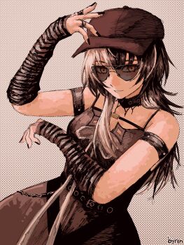 Rule 34 | 1girl, absurdres, arm strap, arm up, arm warmers, artist name, aviator sunglasses, belt, black arm warmers, black belt, black choker, black dress, black hair, black hat, black nails, breasts, byrrenn, chest belt, choker, clip studio paint (medium), commentary, dress, english commentary, grey background, grey hair, grin, hair rings, hat, highres, hololive, hololive english, large breasts, long hair, looking at viewer, making-of available, multicolored hair, nail polish, newsboy cap, shiori novella, shiori novella (1st costume), sleeveless, sleeveless dress, smile, solo, split-color hair, striped arm warmers, sunglasses, two-tone hair, upper body, very long fingernails, virtual youtuber, yellow eyes