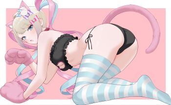 1girl animal_ear_fluff animal_ears animal_hands aqua_eyes aqua_hair ass black_bra black_panties blonde_hair blush border bow bra breasts cat_cutout cat_ears cat_lingerie cat_paws cat_tail chouzetsusaikawa_tenshi-chan cleavage cleavage_cutout clothing_cutout commentary_request from_side full_body hair_bow highres inami_(x_spidekawaii_x) long_hair looking_at_viewer medium_breasts multicolored_hair needy_girl_overdose open_mouth outside_border panties paw_pose pink_hair solo striped_clothes striped_thighhighs tail thighhighs underwear white_border
