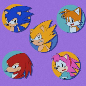 Rule 34 | 1girl, 3boys, 4boys, amy rose, animal ears, animal nose, black eyes, blue dress, blue fur, blue hair, body fur, classic amy, classic knuckles, classic sonic, classic tails, clenched teeth, closed mouth, collared dress, dress, flat color, fox boy, fox ears, fox girl, fox tail, frown, furry, furry female, furry male, hairband, half-closed eyes, hedgehog, highres, knuckles the echidna, looking at viewer, looking back, looking to the side, multiple boys, neck fur, open mouth, orange fur, pink fur, pink hair, puffy short sleeves, puffy sleeves, purple background, red fur, red hair, red hairband, retro artstyle, shirt, short hair, short sleeves, sideways mouth, simple background, smile, sonic (series), sonic the hedgehog, spiked hair, super sonic, tail, tails (sonic), tearing up, tears, teeth, two-tone fur, upper body, webiwabobi, white fur, yellow fur