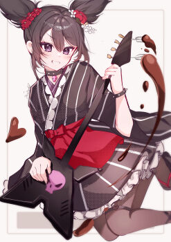 1girl absurdres alternate_costume black_choker black_hair black_kimono black_pantyhose blush border chocolate choker commentary flower grin guitar hair_between_eyes hair_flower hair_ornament highres holding holding_guitar holding_instrument humanization instrument japanese_clothes jumping kimono kuromi kurumi_nui my_melody_(series) pantyhose purple_eyes red_flower sandals sanrio short_twintails sidelocks skull smile solo tactoki twintails white_background