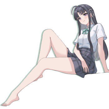 1girl awa_subaru barefoot black_hair blush feet girls_band_cry highres long_hair looking_at_viewer purple_eyes reiku09 smile toes