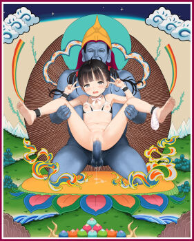 1boy 1girl ankle_cuffs barefoot bikini bikini_top_only black_bikini black_choker black_eyes black_hair black_wrist_cuffs blue_skin bow bowtie censored choker clothed_female_nude_male colored_skin double_v feet flat_chest frilled_bikini frilled_choker frills furrowed_brow hands_up hetero leg_grab loli long_hair looking_at_viewer mosaic_censoring navel nipple_cutout nipples nude open_mouth original panties panties_around_one_ankle reverse_suspended_congress sex sex_from_behind spread_legs stomach swimsuit twintails uehara16 underwear v vaginal white_bow white_bowtie white_panties wrist_cuffs