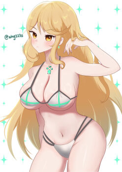 1girl artist_name barefoot bikini blonde_hair breasts chest_jewel core_crystal_(xenoblade) gem green_gemstone hand_on_own_hair highres large_breasts long_hair looking_at_viewer mythra_(xenoblade) sidelocks standing swept_bangs swimsuit tiara white_bikini wing223s xenoblade_chronicles_(series) xenoblade_chronicles_2 yellow_eyes