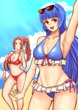 2girls beach beachball bikini blue_bikini blue_hair blue_sky breasts brown_eyes brown_hair cleavage cloud contrapposto fatal_fury female_focus frilled_bikini frills gluteal_fold highres holding_ball holding_beachball kula_diamond large_breasts long_hair looking_at_viewer matching_hair/eyes multiple_girls navel open_mouth outdoors ponytail red_bikini red_eyes shiranui_mai sky smile snk standing stomach sunglasses sunglasses_on_head swimsuit the_king_of_fighters