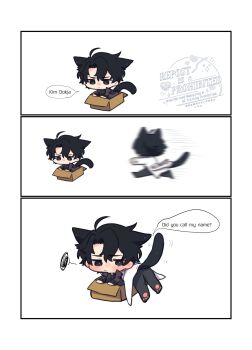 2boys ahoge animal_ears black_coat black_eyes black_hair black_shirt box cat_ears cat_tail character_name chibi chibi_only coat collared_shirt commentary curtained_hair english_text hair_between_eyes highres kemonomimi_mode kim_dokja kimidori_22 male_focus motion_blur multiple_boys omniscient_reader&#039;s_viewpoint open_clothes open_coat paw_shoes popped_collar shirt short_hair squiggle symbol-only_commentary tail white_coat yoo_joonghyuk