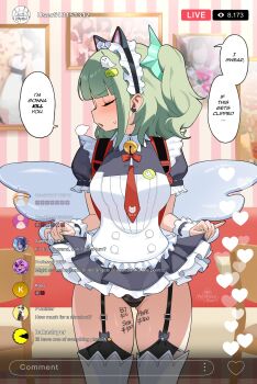 1girl animal_ear_hairband animal_ears bell black_garter_straps black_panties blunt_bangs blush body_writing chat_log closed_eyes clothes_lift commentary ear_piercing english_commentary english_text fake_animal_ears garter_straps green_hair green_nails hairband heart highres indoors lace lace_panties livestream loli maid maid_headdress medium_hair multiple_hair_clips neck_bell necktie open_mouth pantheon_eve panties piercing puff_of_air red_necktie sigh small_sweatdrop solo speech_bubble sunna_(afternoon_tea_break)_(zenless_zone_zero) sunna_(zenless_zone_zero) thighhighs two_side_up underwear user_interface white_wings winged_bag wings zenless_zone_zero