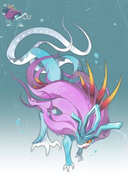 Rule 34 | animal focus, bairizuomeng, claws, colored sclera, full body, highres, mane, multiple tails, nintendo, no humans, official art inset, open mouth, pokemon, pokemon (creature), pokemon focus, purple hair, red eyes, tail, two tails, walking wake, yellow eyes, yellow sclera