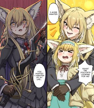 &gt;_&lt; 2girls ;d absurdres animal_ear_fluff animal_ears arknights black_jacket blonde_hair blood blood_on_face bloody_weapon blush brown_gloves closed_eyes commentary contrast disgust english_commentary english_text facial_scar frilled_hairband frills glint gloves green_hairband hair_between_eyes hairband hands_on_another&#039;s_stomach highres holding holding_sword holding_weapon jacket long_hair long_sleeves mother_and_daughter multicolored_hair multiple_girls neck_ribbon o-ring official_alternate_costume one_eye_closed open_mouth own_hands_together polar_opposites red_ribbon ribbon scar scar_on_cheek scar_on_face scowl shirt short_hair smile speech_bubble streaked_hair suzuran_(arknights) suzuran_(spring_praise)_(arknights) sword symmetricturd vulpisfoglia_(arknights) weapon white_hair white_shirt