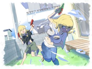 1boy 1girl bikini bikini_under_clothes black_sandals black_shirt blackmznight blonde_hair blue_pants blush bow breasts closed_eyes commentary_request cookie_(touhou) day full_body genderswap genderswap_(ftm) green_eyes green_shorts hair_bow highres holding holding_water_gun kirisame_marisa large_breasts long_hair looking_at_viewer mars_(cookie) one_eye_closed open_mouth outdoors pants purple_bow rei_(cookie) sandals shirt short_sleeves shorts smile swimsuit touhou trap water water_gun wet wet_clothes wet_shirt white_shirt