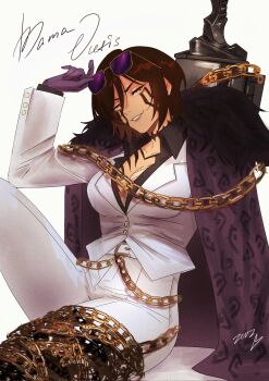 1girl animal_print black_fur black_shirt breasts brown_hair chain chain_around_leg character_name chest_tattoo cleavage coat collared_shirt dark-skinned_female dark_skin eyewear_on_head facial_tattoo formal_clothes fur-trimmed_coat fur_trim gloves gold_chain highres jacket large_breasts leopard_print limbus_company looking_at_viewer middle_(identity)_(project_moon) multiple_chains neck_tattoo outis_(project_moon) pants parted_lips partially_unbuttoned project_moon purple-tinted_eyewear purple_coat purple_gloves scar scar_on_chest shirt short_hair simple_background sitting smile solo suit suit_jacket suit_pants sunglasses tattoo tinted_eyewear weapon weapon_on_back white_background white_jacket white_pants white_suit yellow_eyes zevzie