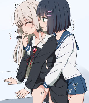 2girls amano_akari black_dress black_hair blue_sailor_collar blue_skirt blush bow dress finger_to_another&#039;s_mouth fingering green_eyes grey_hair hair_bow hands_on_table highres hug hug_from_behind low_twintails miruzawa_akechi multiple_girls sailor_collar school_uniform serafuku shirt skirt sophie_twilight tonari_no_kyuuketsuki-san trembling twintails white_shirt yuri