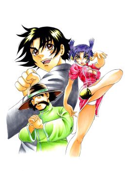 1girl 2boys bell black_hair black_hat breasts brown_eyes brown_jacket china_dress chinese_clothes cleavage cleavage_cutout clothing_cutout collared_jacket dress facial_hair fighting_stance green_eyes hair_bell hair_ornament hat highres jacket large_breasts leg_up long_hair long_sleeves ma_kensei ma_renka martial_arts matsuena_shun multiple_boys mustache official_art open_mouth outstretched_arm panties purple_hair shijou_saikyou_no_deshi_ken'ichi shirahama_ken'ichi short_dress short_hair short_sleeves simple_background smile thighs underwear v-shaped_eyebrows white_background white_jacket white_panties