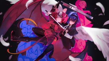 Rule 34 | 2girls, absurdres, alternate costume, angel wings, animal ears, belt, black belt, black boots, black capelet, black hair, blue eyes, blue hair, boots, capelet, ceres fauna, commentary, cosplay, daidaidaidaidaikirai, demon wings, dress, english commentary, feathered wings, friend (nanashi mumei), gloom (irys), gun, hair ornament, hakos baelz, highres, holding, holding gun, holding sword, holding weapon, hololive, hololive english, irys (hololive), long sleeves, mouse ears, mouse girl, multicolored hair, multiple girls, namiorii, nanashi mumei, ouro kronii, pantyhose, purple eyes, red capelet, red dress, red hair, sword, tsukumo sana, virtual youtuber, weapon, white hair, wings