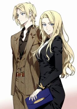 1boy 1girl artist_request bag belt black_dress blonde_hair blue_eyes blue_lock breasts brown_belt brown_shirt brown_suit cleavage dress gradient_background holding holding_bag long_hair love_alicia shirt simple_background smile source_request standing suit white_background