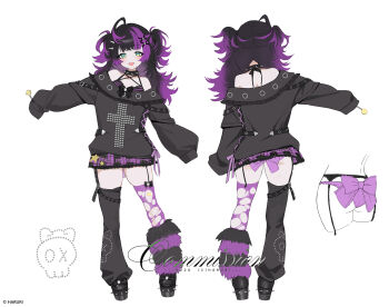 Rule 34 | 1girl, :d, ass, asymmetrical legwear, bare shoulders, black collar, black hair, black shirt, black shoes, black thighhighs, blush, bow, candy, collar, commentary request, commission, cross, fangs, food, garter belt, green eyes, hair ornament, haruri, highres, holding, holding candy, holding food, holding lollipop, latin cross, lollipop, long hair, long sleeves, mismatched legwear, multicolored hair, multiple views, off shoulder, open mouth, original, outstretched arm, panties, plaid clothes, plaid skirt, platform shoes, pleated skirt, puffy long sleeves, puffy sleeves, purple bow, purple hair, purple panties, purple skirt, purple thighhighs, shirt, shoes, skirt, sleeves past fingers, sleeves past wrists, smile, socks, spiked collar, spiked shoes, spikes, standing, striped clothes, striped socks, thighhighs, torn clothes, torn thighhighs, two-tone hair, two side up, underwear, white background, x hair ornament