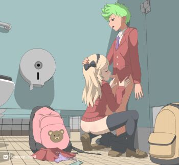 1boy 1girl against_wall animal_print animated animated_gif artist_name ass backpack bag bathroom bear_print blonde_hair blush bow butt_crack buttons cellphone closed_eyes clothes_pull colored_skin dark-skinned_male dark_skin erection fellatio fingernails green_hair hair_bow hairband hand_on_another&#039;s_head hand_on_another&#039;s_thigh hands_on_another&#039;s_hips hetero kneeling kodomo_doushi loli long_hair looking_at_another looking_down moaning necktie oral panties pants pants_pull penis phone pink_bag purple_necktie purple_panties red_shirt red_skirt school school_uniform severed_pencil shadow shirt shoes shota sidelocks skinny skirt smartphone standing testicles thighhighs tile_floor tile_wall tiles toilet toilet_paper toilet_seat toilet_stall underwear unworn_panties unworn_skirt