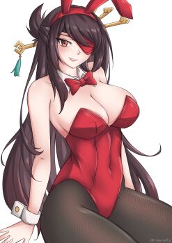 1girl absurdres animal_ears bare_shoulders beidou_(genshin_impact) bow bowtie breasts brown_hair cleavage colored_eyepatch commentary covered_navel detached_collar english_commentary eyepatch fake_animal_ears genshin_impact grin hair_ornament hair_stick half_updo highres invisible_chair large_breasts leotard long_hair looking_at_viewer orange_eyes pantyhose playboy_bunny rabbit_ears razrafz red_bow red_bowtie red_leotard simple_background sitting smile solo white_background wrist_cuffs