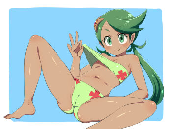 1girl bad_id bad_pixiv_id bandeau bandeau_pull barefoot cameltoe clothes_pull dark-skinned_female dark_skin feet female_focus flat_chest gen_1_pokemon green_eyes green_hair hair_ornament highres konboi-eg looking_at_viewer mallow_(pokemon) navel nintendo nipples official_alternate_costume one_breast_out pokemon pokemon_(anime) pokemon_sm pokemon_sm012 pokemon_sm_(anime) solo staryu swimsuit twintails