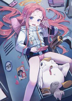 1girl aris_(blue_archive) doodle_sensei_(blue_archive) blue_archive blush book bow cd cellphone controller earphones fang forehead game_controller gun hair_bow halo highres holding holding_phone jacket long_hair long_sleeves looking_at_viewer merong_(sou47897) nintendo_switch open_mouth orange_halo panties peroro_(blue_archive) phone pink_panties purple_eyes red_hair sensei_(blue_archive) smartphone solo underwear weapon white_bow white_jacket yuzu_(blue_archive)