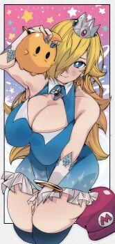 1girl absurdres alien black_eyes black_thighhighs blonde_hair blue_background blue_dress blue_eyes blue_nails blush bracelet breasts brooch cleavage cleavage_cutout clothing_cutout crown dress earrings fingerless_gloves gloves gradient_background hair_over_one_eye hand_on_another&#039;s_head hat highres jewelry kinakomochi_(user_vedc2333) large_breasts long_hair looking_at_viewer luma_(mario) mario mario_(series) multicolored_hair nintendo pink_background planet princess print_dress red_hat rosalina saturn_(planet) sky sleeveless sleeveless_dress smile space sparkle_print standing star_(sky) star_(symbol) star_brooch star_earrings star_symbol_background starry_sky super_mario_galaxy thick_thighs thighhighs thighs two-tone_hair unworn_hat unworn_headwear white_gloves