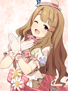 Rule 34 | 1girl, ;d, blush, bow, brown hair, character request, commentary request, crossed wrists, dress, floral background, floral print, flower, gloves, hair bow, hat, highres, idolmaster, lace, lace gloves, long hair, looking at viewer, miyao miya, one eye closed, open mouth, pink bow, print dress, puffy short sleeves, puffy sleeves, purple eyes, short sleeves, smile, solo, tilted headwear, uccow, very long hair, white dress, white flower, white gloves, white hat