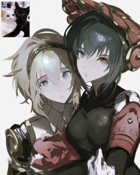 2girls aigis_(persona) android armband black_hair blonde_hair blue_eyes bow breasts commentary_request gold_hairband hairband highres joints k1kiwa looking_at_viewer mask mask_on_head medium_breasts medium_hair metis_(persona) multiple_girls parted_lips persona persona_3 persona_3_reload persona_3_the_answer photo_inset portrait red_armband red_bow red_eyes red_mask reference_inset robot_joints s.e.e.s siblings simple_background sisters upper_body white_background