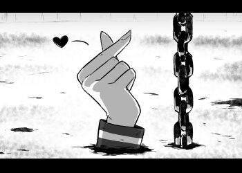 1other 4shi black_border border chain commentary_request dango-chan_(4shi) finger_heart greyscale heart highres letterboxed long_sleeves monochrome original parody scene_reference sinking solo terminator_(series) terminator_2:_judgment_day