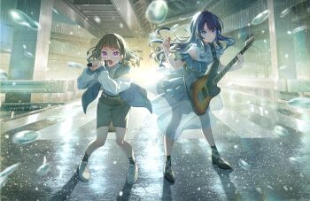 2girls bang_dream! bang_dream!_it's_mygo!!!!! bass_guitar black_shoes black_socks blue_dress blue_eyes blue_hair blue_jacket bridge brown_hair closed_mouth cosplay crosswalk dollchestra dress game_cg grey_skirt guitar_strap highres holding holding_bass_guitar holding_instrument holding_microphone holding_plectrum instrument jacket kachimachi_kosuzu link!_like!_love_live! long_hair love_live! medium_hair microphone multiple_girls murano_sayaka nagasaki_soyo nagasaki_soyo_(cosplay) non-web_source official_art open_clothes open_jacket open_mouth pink_eyes plectrum rain shirt shoes short_sleeves skirt socks takamatsu_tomori takamatsu_tomori_(cosplay) virtual_youtuber wet white_shirt