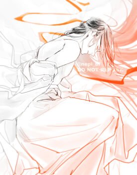 Rule 34 | 1boy, ahoge, arms behind back, bare shoulders, bed sheet, black hair, bound, bound arms, chinese clothes, commentary request, feet out of frame, hair down, hair ribbon, hair spread out, half updo, hanfu, highres, implied yaoi, long hair, looking at viewer, looking back, lying, male focus, modao zushi, monochrome, off shoulder, official alternate hairstyle, on bed, on side, open clothes, open robe, parted lips, partially undressed, profile, red eyes, red ribbon, ribbon, robe, solo, spot color, twitter username, watermark, wei wuxian, wei wuxian (yiling laozu), ykmr (haga)