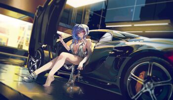 Rule 34 | 1girl, absurdres, azur lane, bare shoulders, black car, blue hair, blue nails, bracelet, breasts, car, cleavage, commentary request, dress, earrings, fingernails, fr-ee-dom, full body, hair ornament, high heel sandals, high heels, highres, holding, holding sandals, jewelry, large breasts, long fingernails, looking at viewer, motor vehicle, nail polish, necklace, official alternate costume, pink eyes, plunging neckline, revealing clothes, sandals, shoes, side ponytail, silver bracelet, silver dress, silver sandals, single bare foot, sitting, smile, sneakers, solo, st. louis (azur lane), st. louis (luxurious wheels) (azur lane), toenail polish, toenails, unworn sandals, vehicle request, white shoes