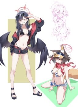 3girls absurdres animal_ears belt bikini bikini_bottom_under_shorts bikini_under_clothes black_bikini black_hair black_jacket black_shorts black_wings blue_archive commentary_request cross_halo denim denim_shorts eyewear_on_head fang feathered_wings floral_print floral_print_bikini flower fox_ears fox_girl fox_tail front-tie_bikini_top front-tie_top full_body hair_flower hair_ornament halo head_wings highleg highleg_bikini highres ichika_(blue_archive) ichika_(swimsuit)_(blue_archive) izuna_(blue_archive) izuna_(swimsuit)_(blue_archive) jacket kneeling koharu_(blue_archive) koharu_(swimsuit)_(blue_archive) lineart long_hair looking_at_viewer low_twintails low_wings micro_shorts multiple_girls navel o-ring o-ring_bikini o-ring_top official_alternate_costume one_eye_closed open_clothes open_jacket open_shorts pink_halo pom_pom_(clothes) pom_pom_hair_ornament print_bikini red_belt red_halo red_scarf scarf scrunchie shorts skin_fang smile striped_bikini striped_clothes sunflower sunflower_hair_ornament sunglasses swimsuit tail twintails unusually_open_eyes visor_cap wings wrist_scrunchie zhuzhuw