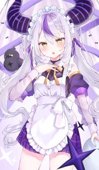 Rule 34 | 1girl, alternate costume, alternate hairstyle, apron, arm cuffs, bird, black shirt, blush, braid, collar, cowboy shot, crow, crow (la+ darknesss), demon girl, demon horns, detached collar, detached sleeves, enmaided, fingernails, frilled apron, frills, grey hair, hair between eyes, hair ribbon, hand on own chest, hand up, highres, holding, holding plate, hololive, horns, la+ darknesss, long hair, looking at viewer, maid, maid apron, maid headdress, multicolored hair, neck ribbon, onnnndaaaaa, open mouth, plaid clothes, plaid skirt, plate, pleated skirt, pointy ears, purple hair, purple nails, purple ribbon, purple skirt, ribbon, shirt, sidelocks, skirt, sleeveless, sleeveless shirt, solo, streaked hair, teeth, twintails, upper teeth only, very long hair, virtual youtuber, white apron, white collar, white headdress, white wrist cuffs, wrist cuffs, yellow eyes, yellow ribbon