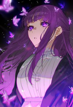 Rule 34 | 1girl, black robe, blunt bangs, bug, butterfly, commentary request, dress, eyelashes, fern (sousou no frieren), frilled dress, frills, highres, insect, light particles, long hair, open clothes, open robe, purple eyes, purple hair, rayla (rayla illust), robe, sidelocks, socks, solo, sousou no frieren, upper body, white dress