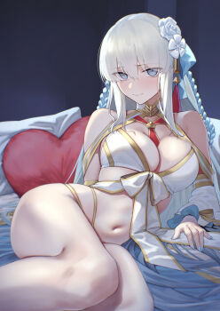 Rule 34 | 1girl, absurdres, bare shoulders, bikini, blue eyes, blue hair, braid, breasts, cleavage, closed mouth, detached sleeves, fate/grand order, fate (series), flower, gold trim, hair flower, hair ornament, hair ribbon, highres, large breasts, long hair, long sleeves, looking at viewer, lying, morgan le fay (fate), morgan le fay (water princess) (fate), navel, okuma707, pillow, ponytail, puffy long sleeves, puffy sleeves, ribbon, sidelocks, solo, swimsuit, thighs, twin braids, very long hair, white bikini, white hair