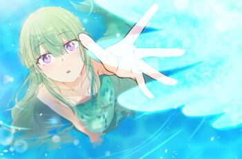 1girl breasts collarbone from_above green_hair hair_between_eyes kanamiti7 kusanagi_nene long_hair looking_at_viewer no_bra open_mouth partially_submerged project_sekai purple_eyes solo topless_female very_long_hair water