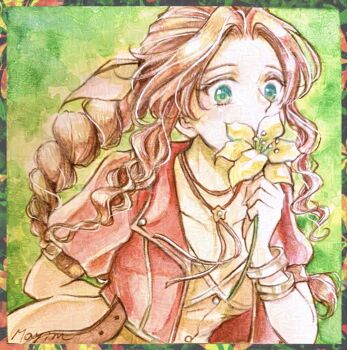 1girl aerith_gainsborough arm_behind_back artist_name bangle bracelet braid braided_ponytail breasts brown_hair buttons choker cropped_jacket dress final_fantasy final_fantasy_vii final_fantasy_vii_remake flower flower_choker green_background green_eyes hair_ribbon holding holding_flower jacket jewelry lily_(flower) mayim medium_breasts parted_bangs pink_dress pink_ribbon red_jacket ribbon sidelocks single_braid solo traditional_media upper_body yellow_flower