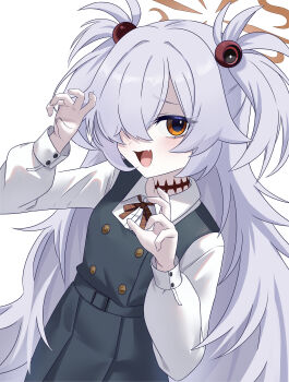 1girl :d absurdres aqua_dress black_eyes blue_archive bright_pupils brown_eyes brown_halo brown_ribbon buttons choker claw_pose collared_shirt commentary double-breasted dress eyeball_hair_ornament eyelashes fang furrowed_brow grey_hair hair_over_one_eye halo hands_up highres kanoe_(blue_archive) long_bangs long_hair long_sleeves looking_at_viewer neck_ribbon one_eye_covered open_mouth pinafore_dress ribbon school_uniform shirt simple_background skin_fang sleeveless sleeveless_dress smile solo spiked_hair two_side_up very_long_hair white_background white_pupils white_shirt ziz_(pandora707)