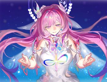 1girl amphoreus_(honkai:_star_rail) bare_shoulders blue_sky breasts bridal_veil commentary cyrene_(honkai:_star_rail) cyrene_(ripples_of_past_reverie)_(honkai:_star_rail) diamond-shaped_pupils diamond_(shape) dress earrings flower hair_flower hair_ornament halo highres honkai:_star_rail honkai_(series) jewelry large_breasts long_hair mobius_strip parted_lips pink_hair pointy_ears purple_eyes sky solo ssamsa0404 symbol-only_commentary symbol-shaped_pupils veil very_long_hair white_dress