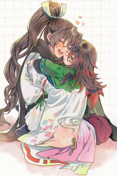 2boys aged_down brown_hair glasses gororoneko gradient_hair green_eyes heart high_ponytail highres hug japanese_clothes kimono kurama_(rune_factory) male_focus multicolored_hair multiple_boys ponytail red_hair rune_factory rune_factory:_guardians_of_azuma subaru_(rune_factory)