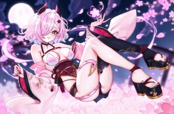 1girl artist_name black_horns black_ribbon black_shoes black_thighhighs breasts collarbone drowsenss fingernails flower full_moon hair_ornament hair_over_one_eye highres horns indie_virtual_youtuber iomaya_(vtuber) long_fingernails mole mole_on_breast mole_under_eye moon pink_flower pink_hair pink_nails platform_clogs platform_sandals ribbon sandals shoes single_thighhigh solo tassel tentacle_hair thighhighs virtual_youtuber wide_sleeves yellow_eyes