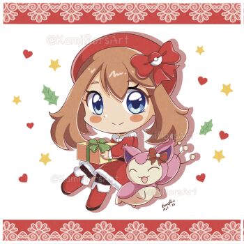 1girl blue_eyes blush boots bow box brown_hair chibi christmas commentary dress english_commentary fur_trim gen_3_pokemon gift gift_box hair_bow hat heart highres holding holding_gift holly kamiflorsart may_(pokemon) nintendo pokemon pokemon_(creature) pokemon_rse red_boots red_bow red_dress red_hat santa_costume simple_background sitting skitty smile star_(symbol) white_background